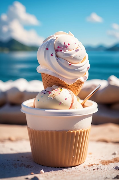 夏のお気に入りのアイスクリームコンは美味しいクリーミーソルベット クールなグルメの壁紙の背景