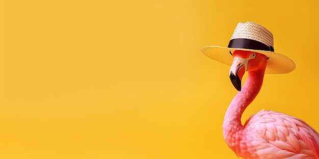 Летний праздник с фламинго на желтом фоне Тропическое лето Generative AI