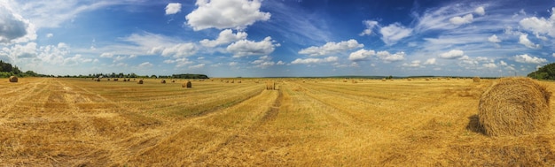 日中の広いパノラマ写真でわらの刈り取りのある夏のフィールド