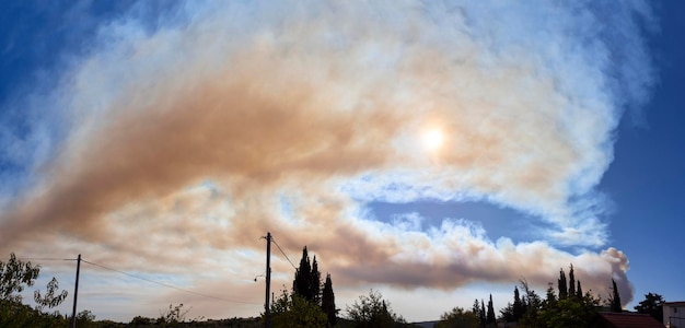 Летний поджог с большим дымом в горах в греческой деревне на греческом острове Эвия