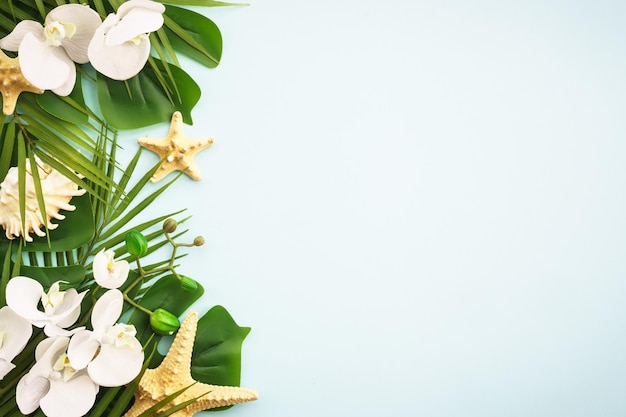 Summer flat lay on blue background Tropical leaves flowers and sea shells Summer plants tropical