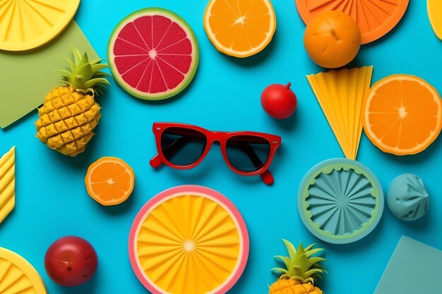 Summer flat lay item with sun glasses and tropical fruit ai generated