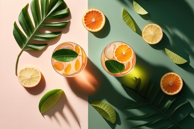 Summer flat lay with two glasses of refreshment drinks and grapefruit slices on green background AI generation