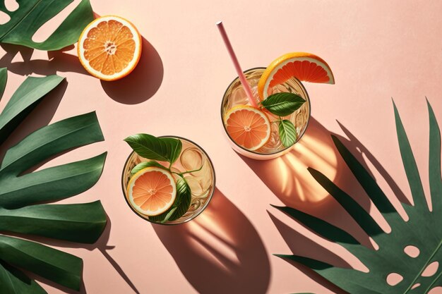 Summer flat lay with two glasses of refreshment drinks and grapefruit slices on green background AI generation