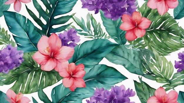 Photo summer floral background botanical forest illustration watercolor leaves seamless pattern