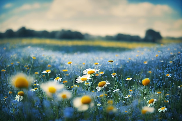 Photo summer floral bouquet of white daisies and blue flowers in field in forest during day