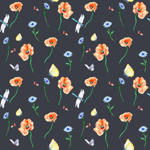 Summer floral field with dragonfly and butterfly watercolor seamless pattern on dark