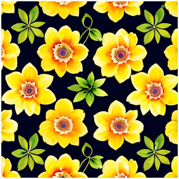 Summer floral seamless pattern yellow watercolor plumeria flowers on black background