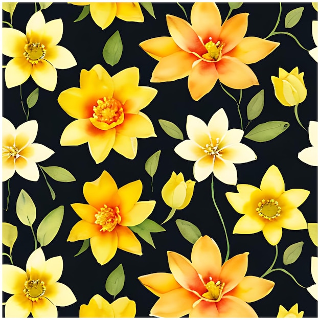 Summer floral seamless pattern yellow watercolor plumeria flowers on black background