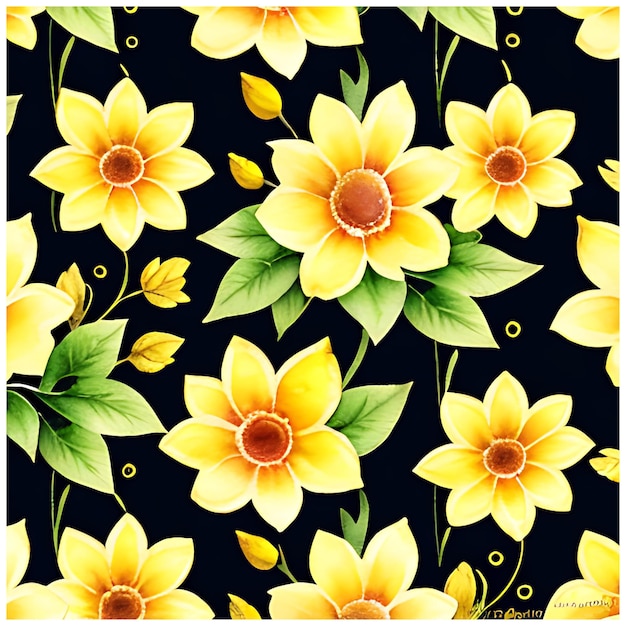 Summer floral seamless pattern yellow watercolor plumeria flowers on black background