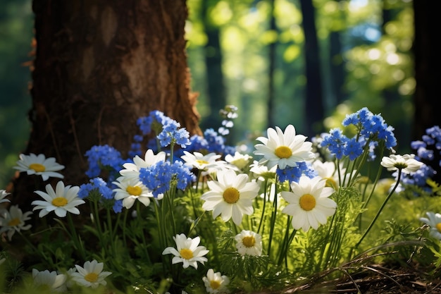 화창한 날 숲에 있는 흰색과 파란색 데이지의 여름 꽃다발
