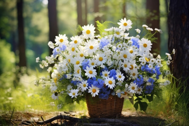 晴れた日に森の中の白と青のヒナギクの夏の花の花束