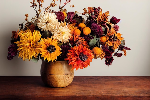 写真 花瓶の木製のテーブルにオレンジ色の花を持つ夏の花の花束