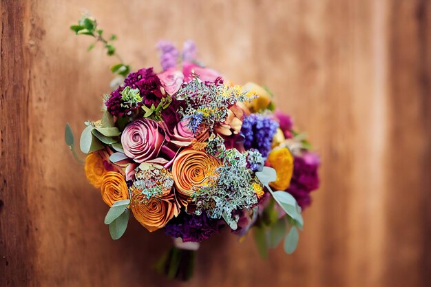 Summer flower bouquet with yellow and pink roses on wooden table