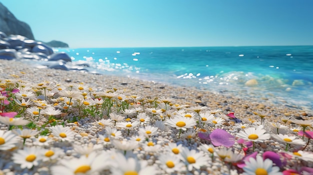 カラフルな背景に夏の花海ビーチ カラフルな夏のコンセプト 旅行の背景 サマー リゾート プリント 白と青の背景 夏デザイン 春の植物のウェブバナー