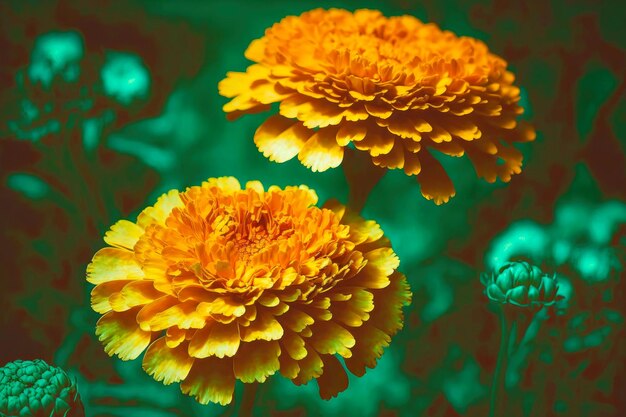 Summer flowering garden with greenery and marigold flowers