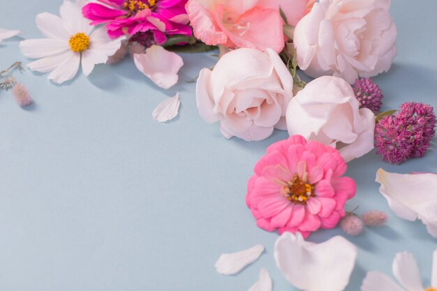 Summer flowers on blue paper background