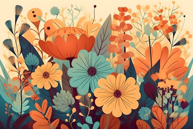 Summer flowers illustration background in vintage colors and flat retro style Generative AI