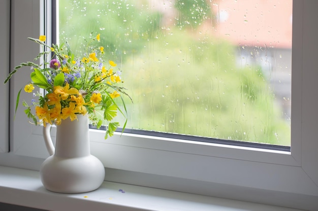 Summer flowers in white jug on windowsill