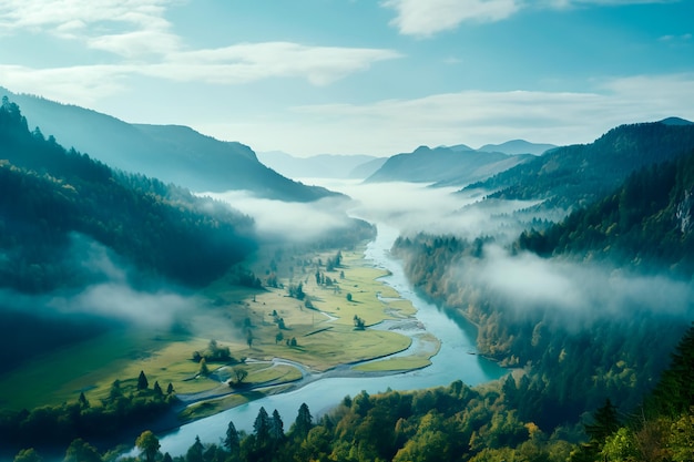 Summer foggy forest top view Green leaves of trees forest and mountains