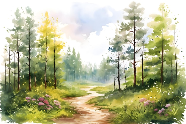 Summer forest landscape in watercolor style