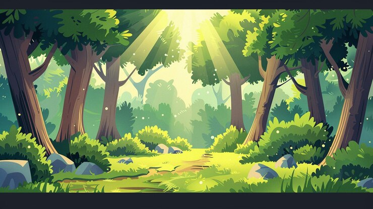 Photo summer forest landscape with trees in sun beam and path vector cartoon illustration of nature panorama with green grass and bushes stones and sunlight rays