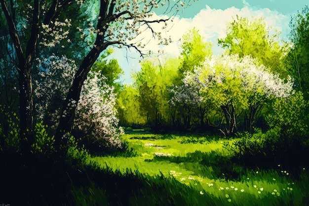 Летний лес с цветущими кустами и травой на цветочном лугу весной, созданный с помощью генеративного ИИ