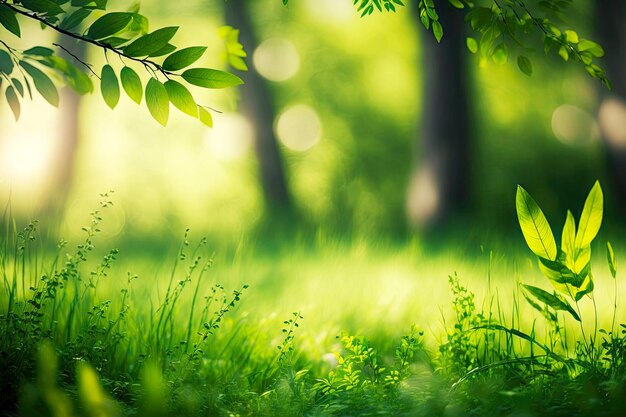 Summer forest with grass in clearing as green leaf blurred background