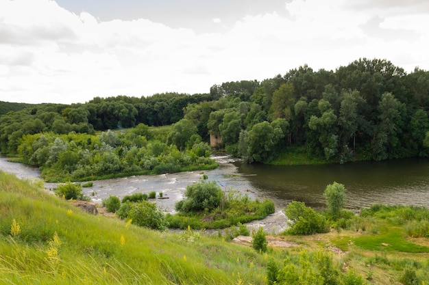 Summer fresh landscape of rocks and Kurapovo river in Lipetsk region