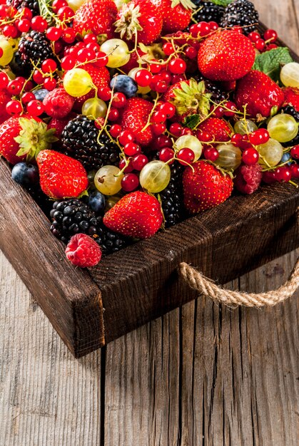 Summer fruit and berries. 6 types of raw organic farmer berries 