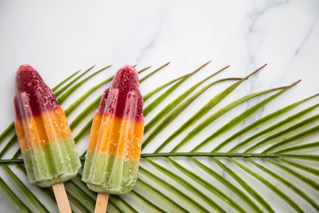 Summer fruit ice lollies on a tropical palm leaf