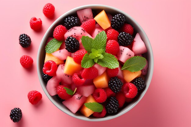 Summer fruit salad in a bowl in pink background