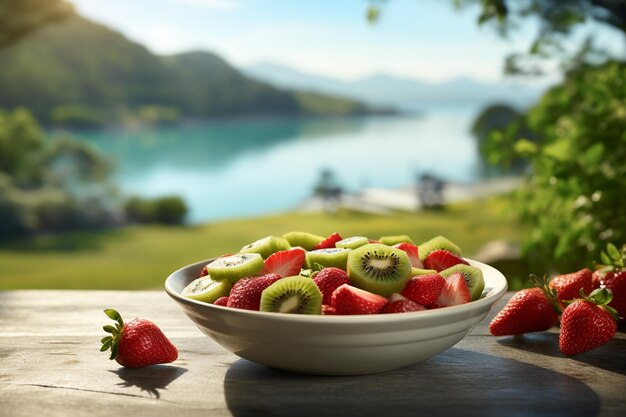 Foto insalata di frutta estiva con fragole, kiwi e melone su un tavolo di legno