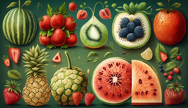 Foto temi di frutta estiva con illustrazioni di anguria ia generativa