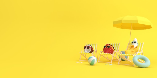 Summer fruits, Banana and strawberry with coconut sitting in beach chairs on yellow background, Minimal concept.