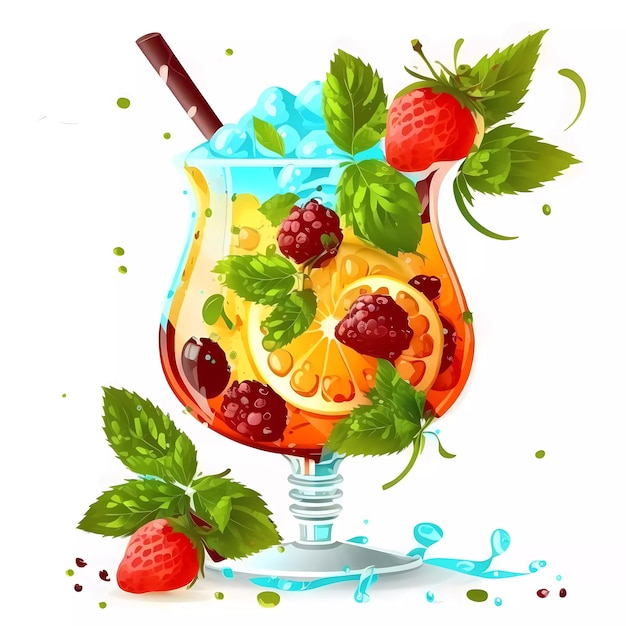 Summer fruits cocktail Sweet tropical fruits and mixed berries Orange lemon strawberry raspberry blueberry watermelon mint etc