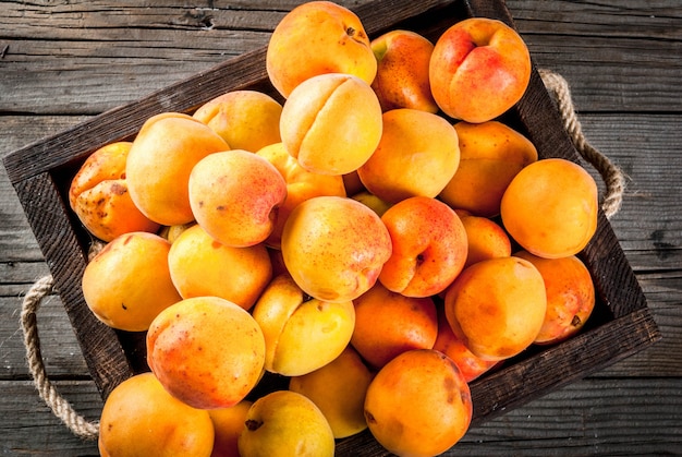 Summer fruits. Fresh raw organic farm apricots in a wooden box, a tray, on an old wooden rustic table