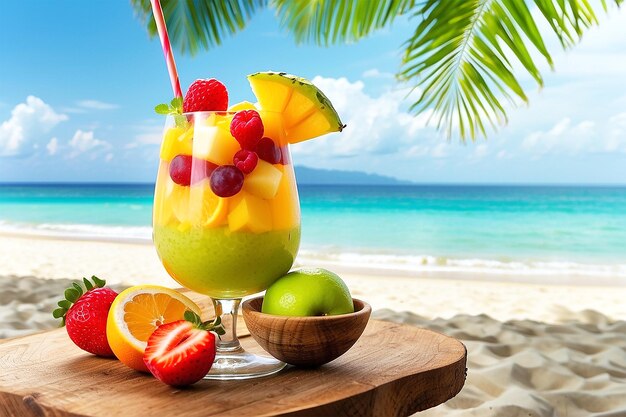 Photo summer fruits juice glass on beach