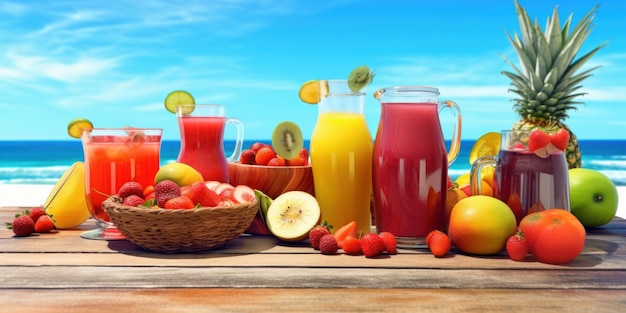 Summer Fruits Juiceson Tropical Beach Background Healthy Beverage Rich in Vitamins Generative Ai