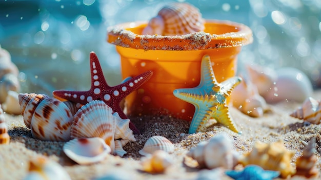 Summer Fun Essentials Colorful Toy Bucket and Shovel with Sand and Seashells