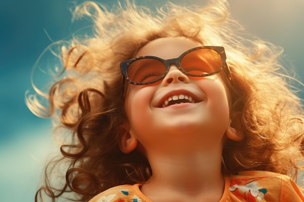 Summer Fun Happy Little Girl with Sunglasses Looking at the Sun and Smiling Joyfully Generative AI