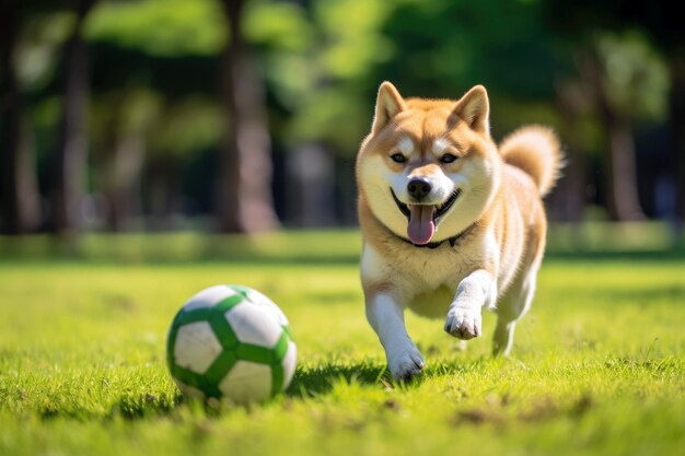 Photo summer fun with akita inu obedient dog chasing ball in park meadow