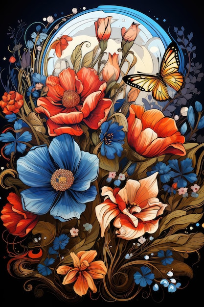Летний сад, полный красочных цветов и летающих бабочек