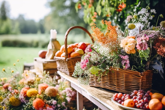 Summer garden harvest farmers market and country buffet table cakes and desserts in wicker basket in the garden food catering for wedding and holiday celebration floral decor