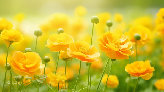 Summer garden panorama yellow geum flowers on blurred background