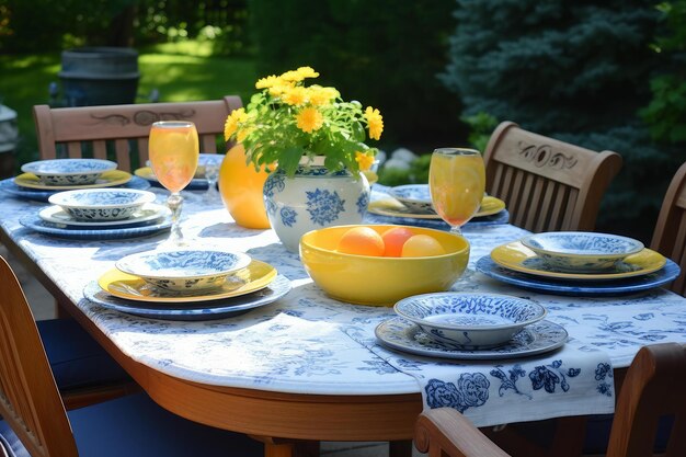 Summer garden table setting with floral arrangement