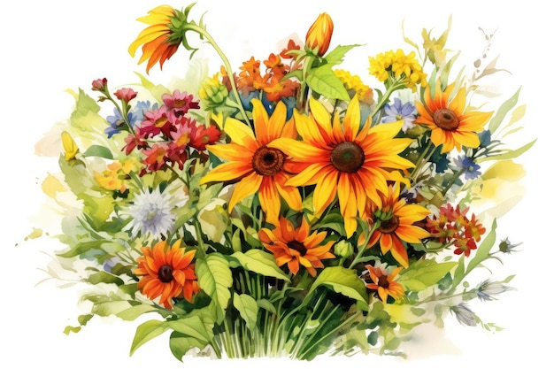 Summer garden watercolor composition of a bountiful bouquet