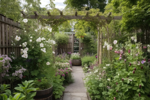 Summer garden with trellises climbing with vines and blooming flowers