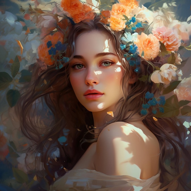 Summer girl in spring flowers wreath Ai Artificial Intelligence technology concept