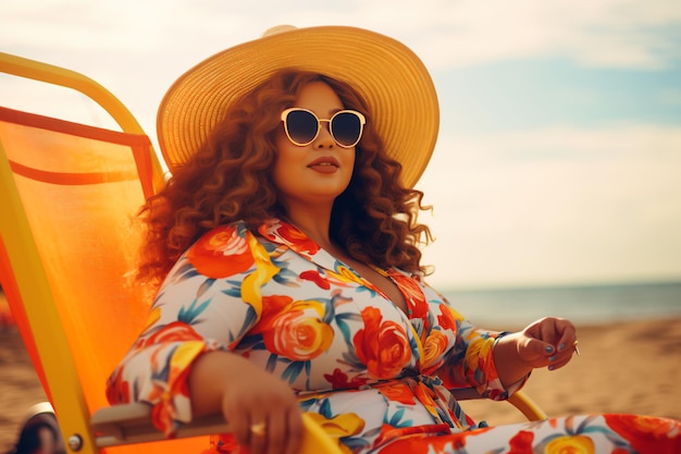 Summer girl in a trendy colorful outfit on the seaside